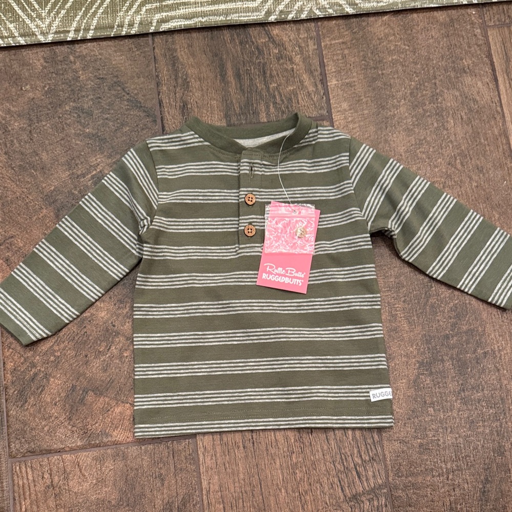 RuggedButts Olive Striped Long Sleeve Henley for Kids